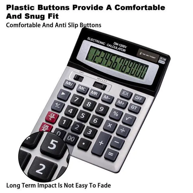 Alt view image 4 of 7 - 12 Digit Desktop Calculator with Large LCD Display and Sensitive Button, Dual Solar Power and Battery, Standard Function for Office (YE1200v)