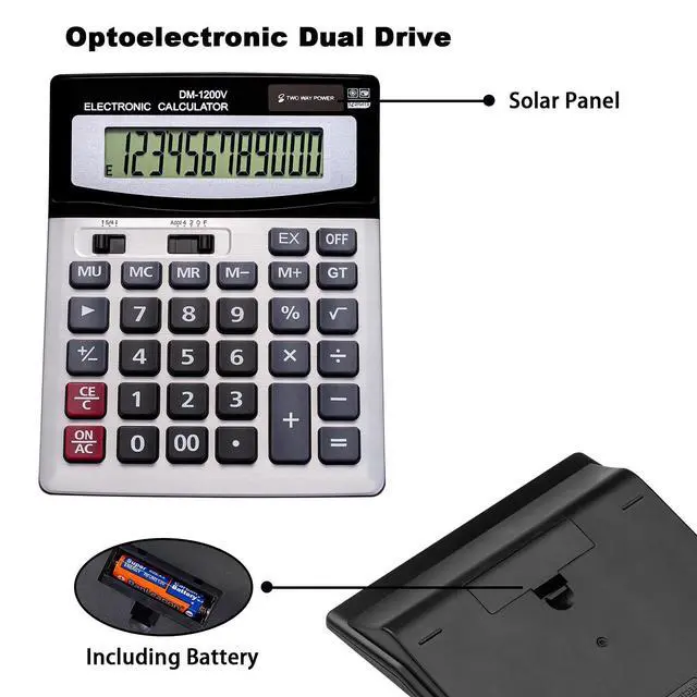 Alt view image 6 of 7 - 12 Digit Desktop Calculator with Large LCD Display and Sensitive Button, Dual Solar Power and Battery, Standard Function for Office (YE1200v)