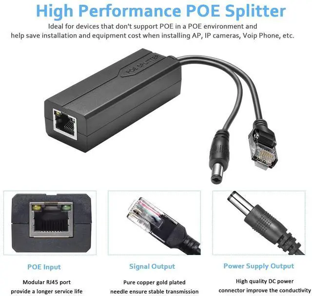 Alt view image 3 of 6 - Active PoE Power Over Ethernet Splitter Adapter 48V to 12V, 5.5x2.1mm DC, IEEE 802.3AF/at Compliant 10/100Mbps PoE Splitter with 12V Output for Surveillance Camera CCTV & VoIP Phone, 2 Pack