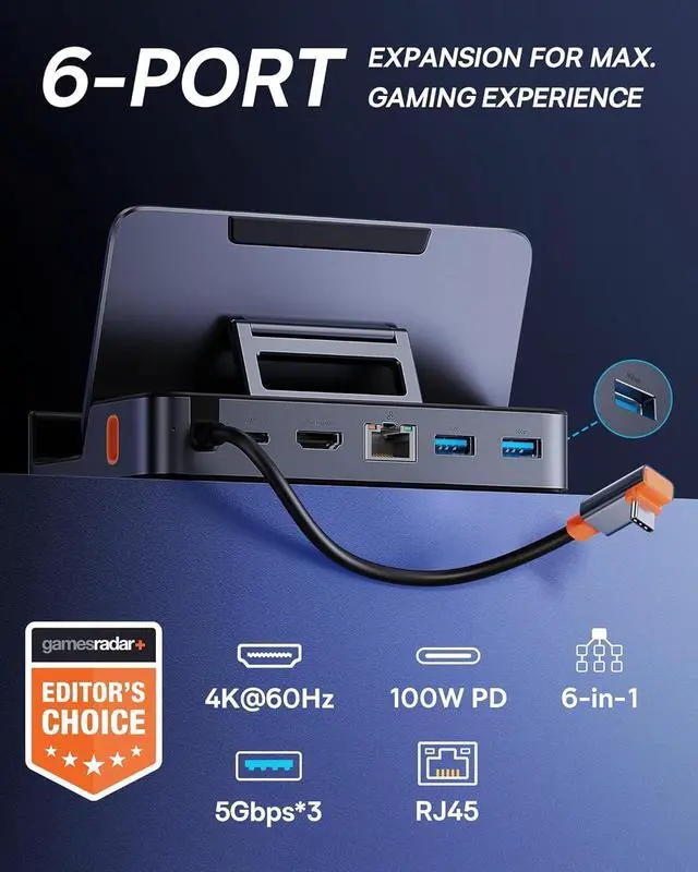 Alt view image 8 of 12 - Steam Deck Dock, 6-in-1 Docking Station for Steam Deck/ROG Ally X/Legion Go with HDMI 2.0 4K@60Hz, Gigabit Ethernet, Adjustable Stand Design, 100W PD and 3 USB-A 3.0 Ports