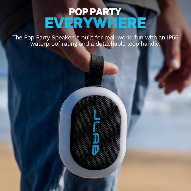 Alt view image 3 of 7 - Pop Party Portable Bluetooth Speaker, Black, 8+ Hours of Playtime, IP55 Waterproofing, Detachable Loop Handle, Customizable RGB LED Lighting, Lab Sync Up to 100 Speakers, Custom Sound in-App