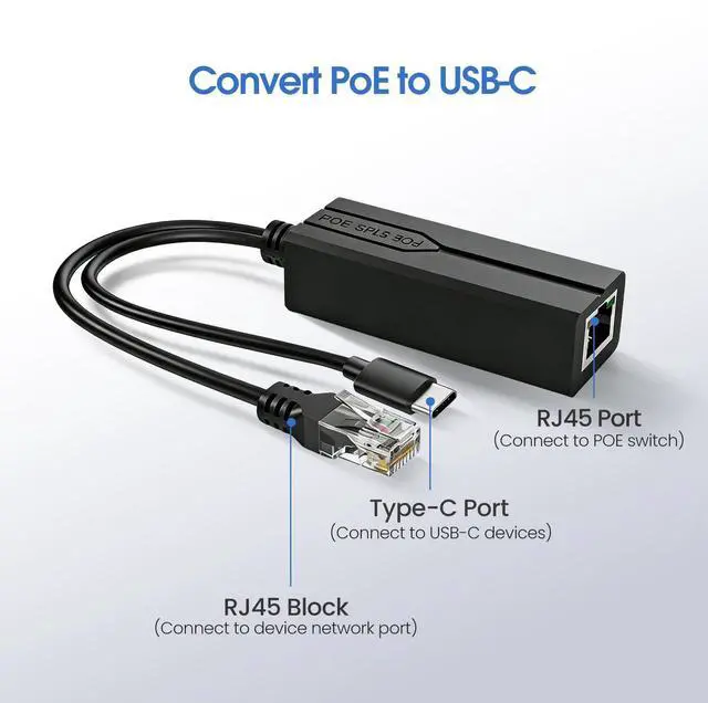 Main image of Gigabit PoE Splitter USB C, POE to USB-C Adapter, 1000Mbps Speed No Lagging No Data-Loss, 5V 2.4A Type-C, IEEE 802.3af/at Compliant, Power Over Ethernet Splitter for Raspberry Pi 4/Security Cameras