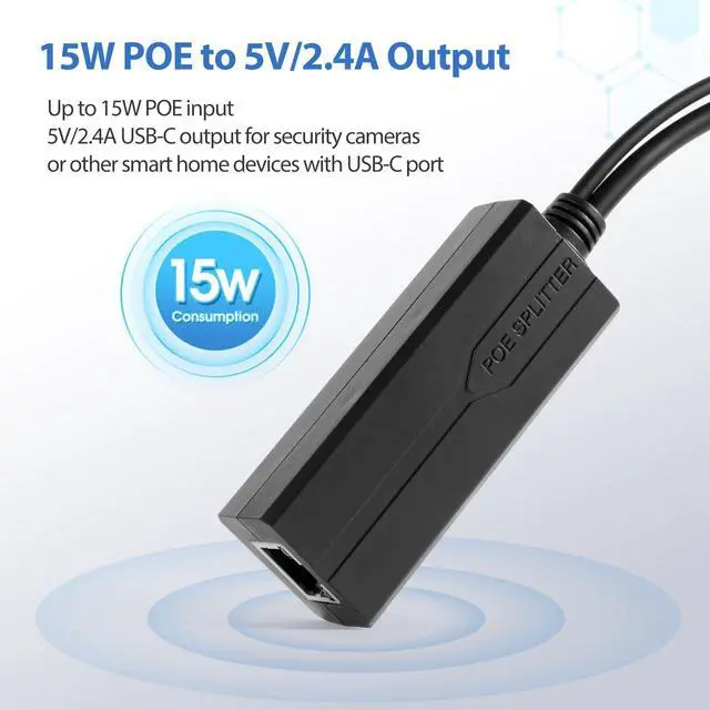 Alt view image 3 of 7 - Gigabit PoE Splitter USB C, POE to USB-C Adapter, 1000Mbps Speed No Lagging No Data-Loss, 5V 2.4A Type-C, IEEE 802.3af/at Compliant, Power Over Ethernet Splitter for Raspberry Pi 4/Security Cameras