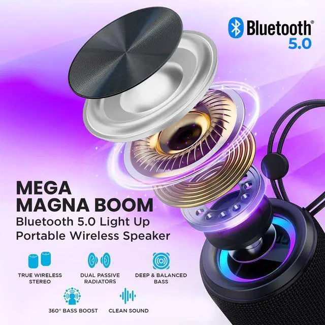 Alt view image 9 of 14 - Mega Magnaboom Small Bluetooth Speaker | Portable 5.0 Bluetooth Waterproof Speaker | Wireless, LED Lights, Enhanced Bass, Indoor/Outdoor Parties and Travel