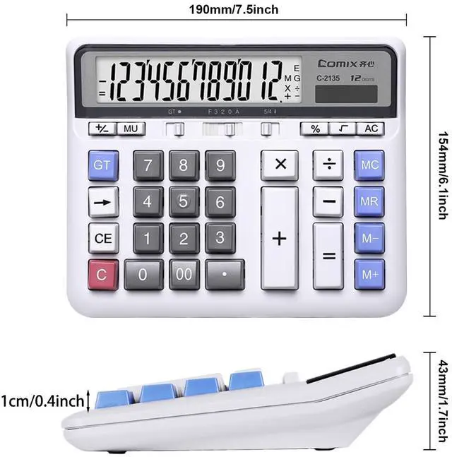 Alt view image 14 of 14 - Desktop Calculator Solar Battery Dual Power with 12-Digit Large LCD Display and Large Computer Keys Standard Function Calculator for Home Office School, White(2 Pack)