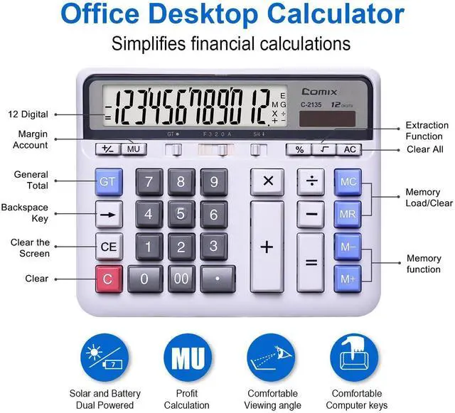 Alt view image 9 of 14 - Desktop Calculator Solar Battery Dual Power with 12-Digit Large LCD Display and Large Computer Keys Standard Function Calculator for Home Office School, White(2 Pack)