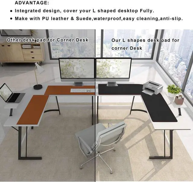 Alt view image 13 of 14 - L-Shaped Gaming Desk Mat Mouse pad, Computer Corner Desk Pad, 47" Home Office Writing Desk Pad Protector, Large Waterproof PU Leather Corner Mousepad - Black, (120+120) x40cm
