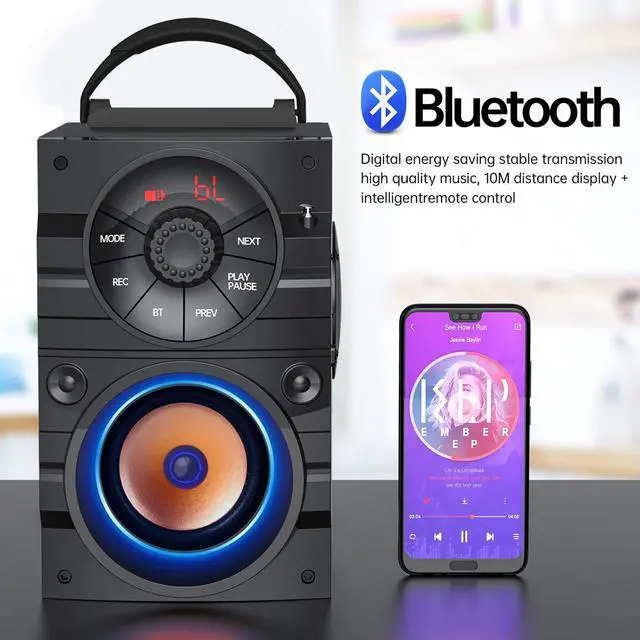 Alt view image 9 of 14 - Portable Big Bluetooth Speakers with Light, Wireless with Subwoofer, FM Radio, LED Lights, EQ, Booming Bass, Bluetooth 4.2 Stereo Loud Outdoor/Indoor Retro, for Home, Camping, Travel, Black