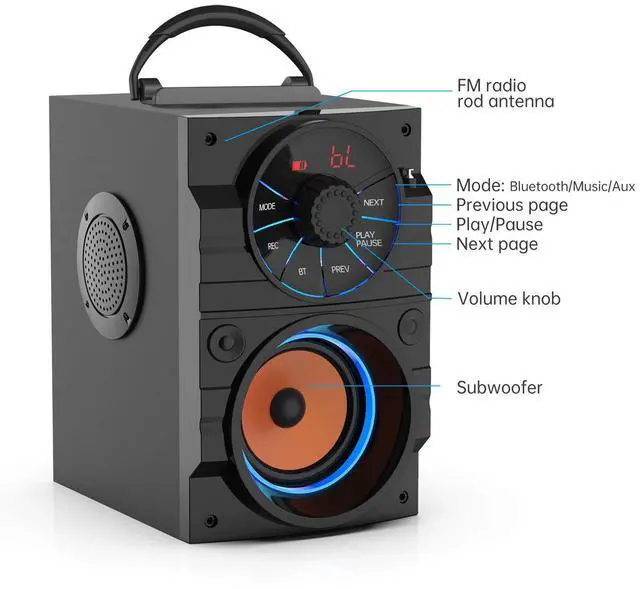 Alt view image 13 of 14 - Portable Big Bluetooth Speakers with Light, Wireless with Subwoofer, FM Radio, LED Lights, EQ, Booming Bass, Bluetooth 4.2 Stereo Loud Outdoor/Indoor Retro, for Home, Camping, Travel, Black