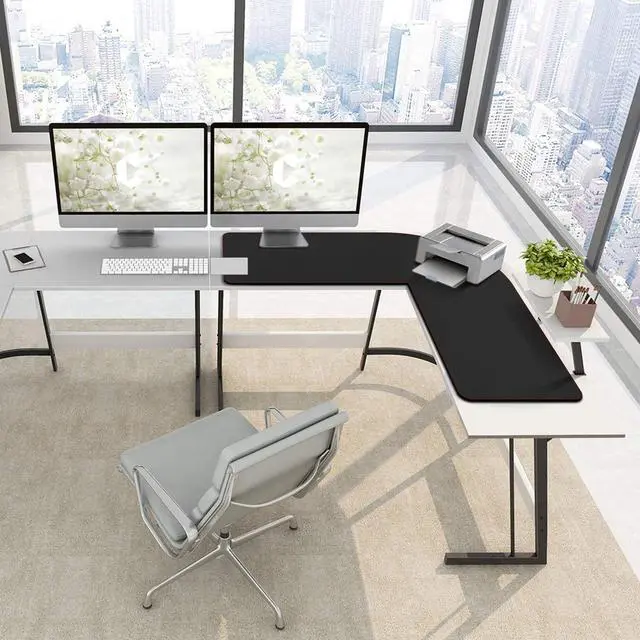 Alt view image 14 of 14 - L-Shaped Gaming Desk Mat Mouse pad, Computer Corner Desk Pad, 47" Home Office Writing Desk Pad Protector, Large Waterproof PU Leather Corner Mousepad - Black, (120+120) x40cm