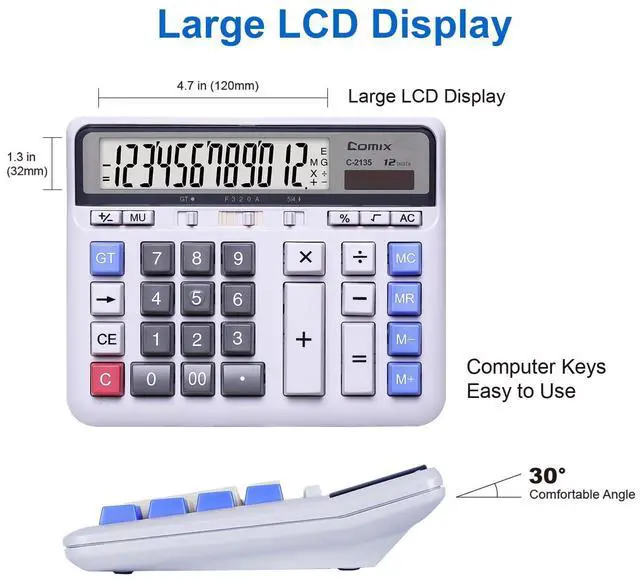 Alt view image 12 of 14 - Desktop Calculator Solar Battery Dual Power with 12-Digit Large LCD Display and Large Computer Keys Standard Function Calculator for Home Office School, White(2 Pack)