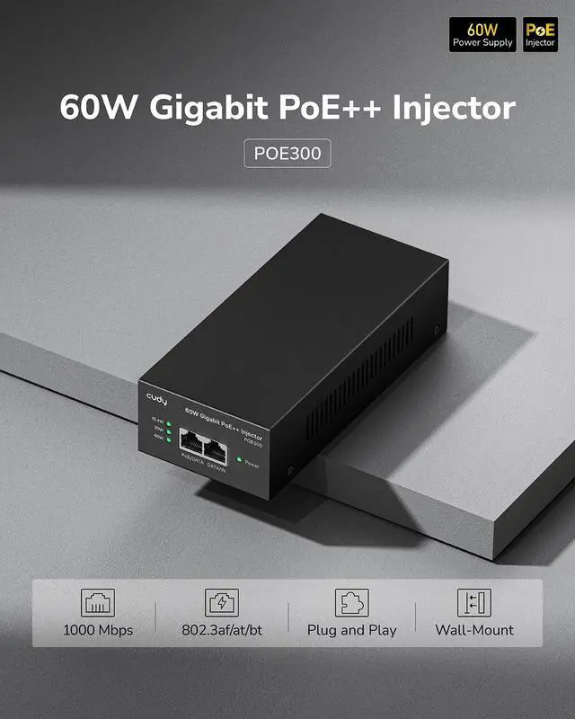 Alt view image 10 of 14 - POE300 60W Gigabit Ultra PoE++ Injector, Up to 60W Ultra Power Supply, 1000Mbps Shielded RJ-45, IEEE 802.3 af/802.3 at/802.3 bt Compliant, Metal housing