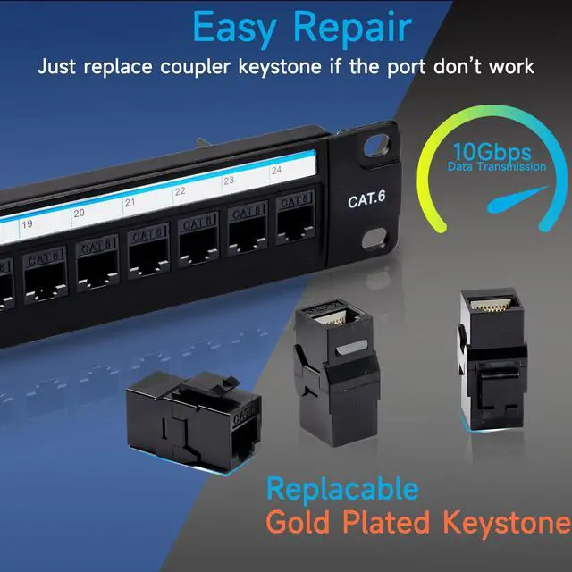 Alt view image 11 of 12 - 24 Port RJ45 Patch Panel Cat6 Feed Through, Coupler Network Panel 19 Inch, Inline Keystone Ethernet Patch Panel with Back Bar