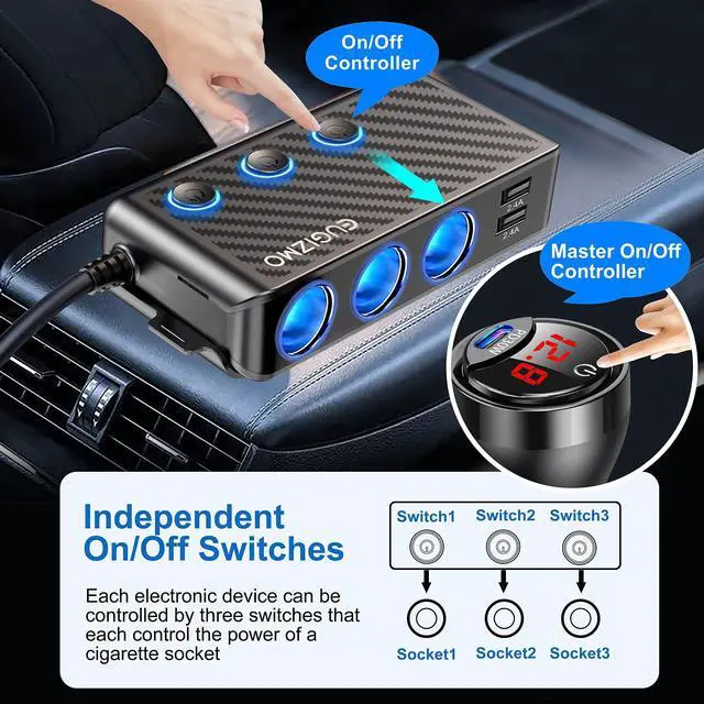 Alt view image 11 of 14 - Cigarette Lighter Adapter, 222W 3 Socket Car Cigarette Lighter Plug USB Charger Multi Port 12V Car Plug Outlet Splitter with LED Voltage Display Independent Switches