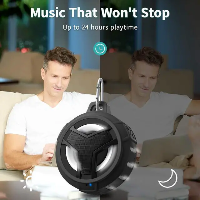 Alt view image 14 of 14 - Bluetooth Shower Speaker, Portable Bluetooth Speakers, IP67 Waterproof Wireless Speaker with LED Light, Floating, 2000mAh, True Wireless Stereo for Kayak, Beach, Gifts for unisex -Black