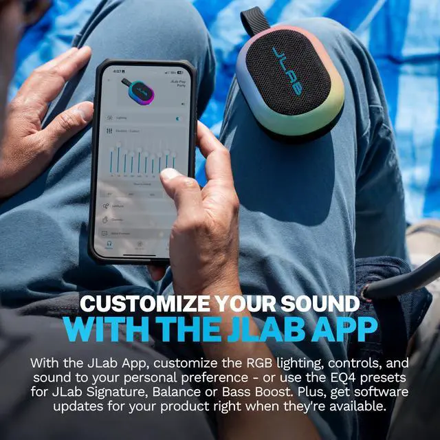 Alt view image 4 of 7 - Pop Party Portable Bluetooth Speaker, Black, 8+ Hours of Playtime, IP55 Waterproofing, Detachable Loop Handle, Customizable RGB LED Lighting, Lab Sync Up to 100 Speakers, Custom Sound in-App