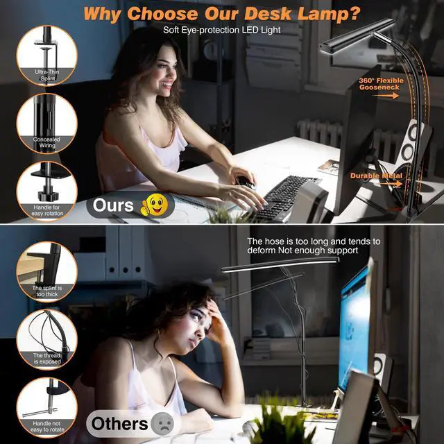 Alt view image 10 of 12 - LED Desk Lamp for Office Home, Eye-Caring Desk Light with Stepless Dimming Adjustable Flexible Gooseneck, 10W USB Adapter Desk Lamp with Clamp for Reading, Study, Workbench (Black)