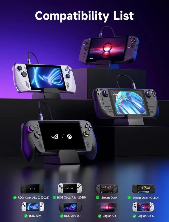 Alt view image 10 of 14 - Docking Station & 100W Charger for ROG Xbox Ally X (2025)/ROG Ally X/Steam Deck/Legion Go, 6-in-1 Dock with HDMI 4K@120Hz, Gigabit Ethernet, Dual USB A & USB C 3.2 Gen 1, 100W Charging - HB0609