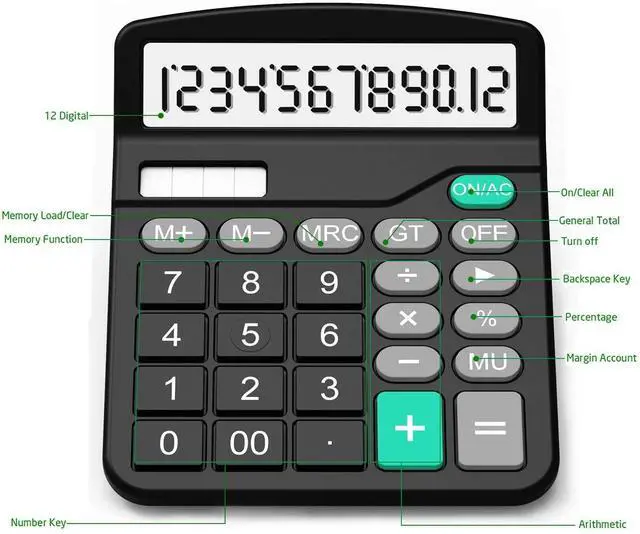 Alt view image 10 of 14 - Calculator, Splaks 2 Pack Standard Functional Desktop Calculators Solar and AA Battery Dual Power Electronic Office Calculators with 12-Digit Large Display (1 Basic Black&1 Updated Silver)