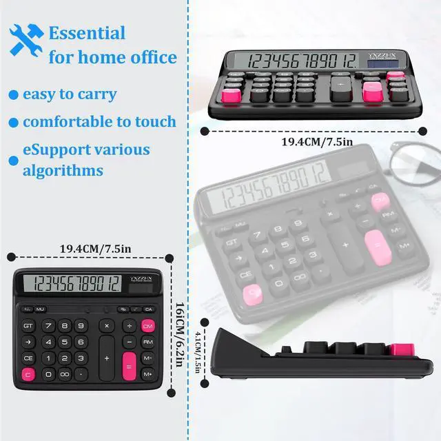 Alt view image 12 of 14 - Desktop Calculator with Extra Large 5-Inch LCD Display, 12-Digit Two Way Power Solar & Battery Office Calculator with Big Buttons for Business, Accounting & Home Use(Black)