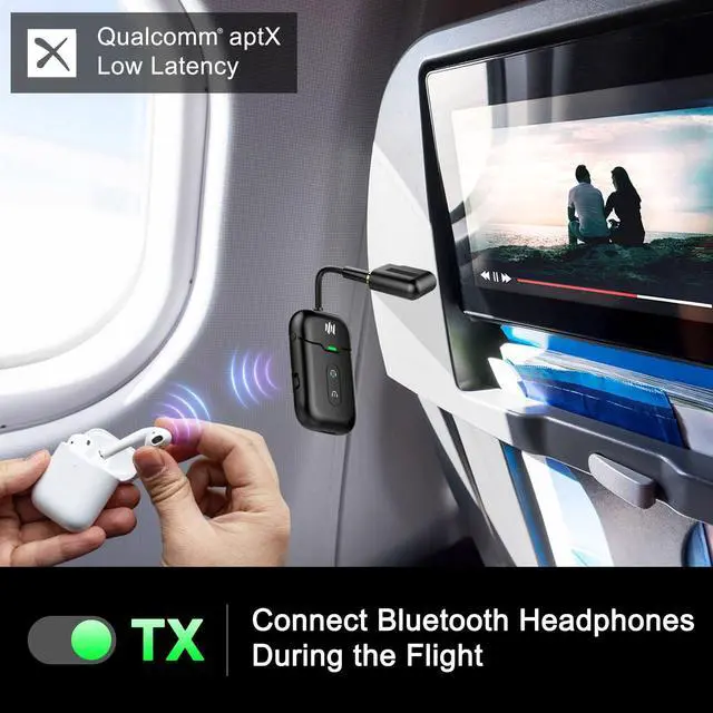 Alt view image 10 of 14 - Airplane Bluetooth 5.4 Transmitter Adapter,Supports 2 AirPods/Headphones 2-in-1 Bluetooth Transmitter Receiver with aptX Low Latency,Wireless Adapter for Flight,TV,Gym,Tablets Car Stereo