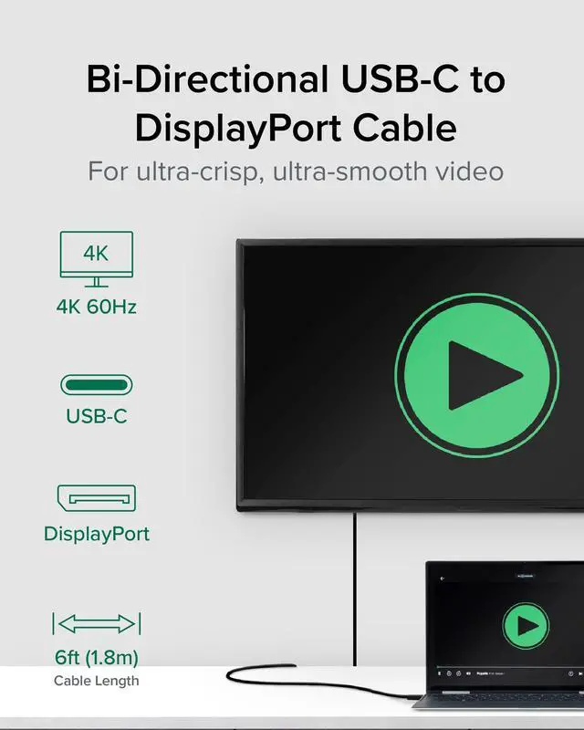 Alt view image 8 of 12 - USB C to DisplayPort Bi Directional Cable 6 feet (1.8m), Up to 4K at 60Hz, USB C DisplayPort Cable - Compatible with Thunderbolt and USB-C - Driverless