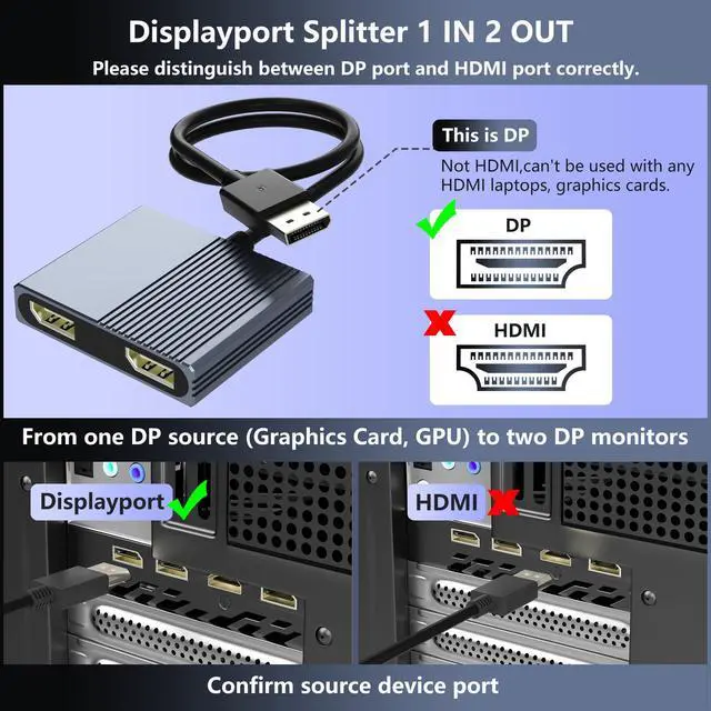 Alt view image 9 of 14 - Display Port Splitter for Dual Monitors, 4K@120Hz DisplayPort to Dual DisplayPort Adapter, Displayport MST Hub, Monitor Splitter, Dual Monitor Adapter for Laptop, Desktop, Graphics Card and More