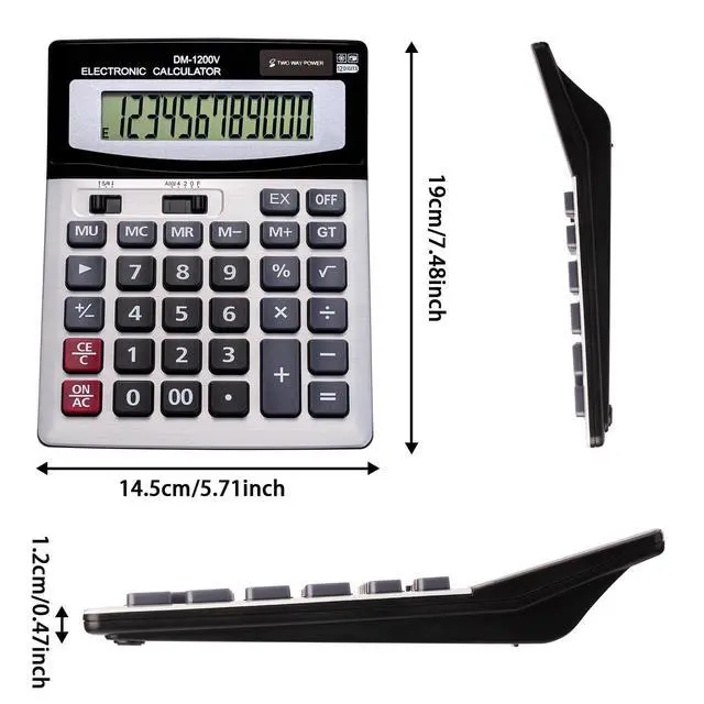 Alt view image 2 of 7 - 12 Digit Desktop Calculator with Large LCD Display and Sensitive Button, Dual Solar Power and Battery, Standard Function for Office (YE1200v)