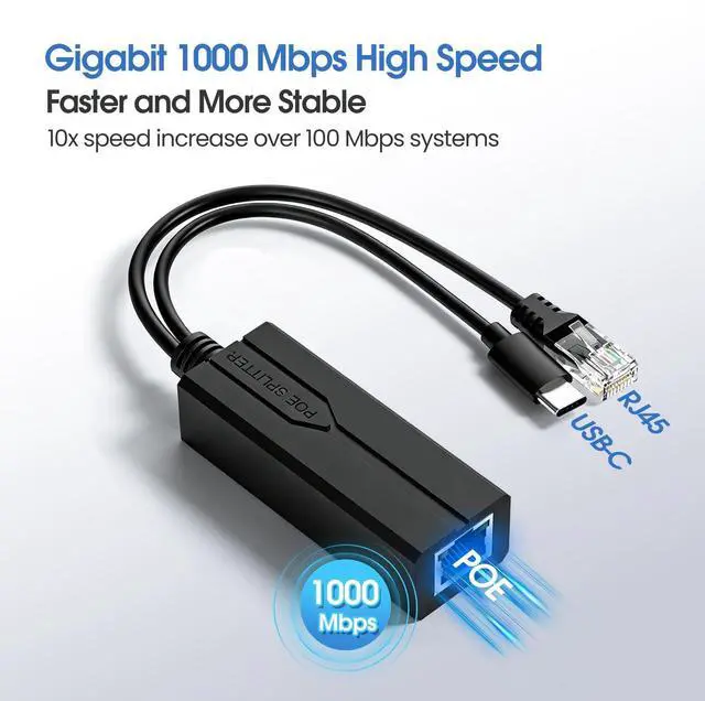Alt view image 2 of 7 - Gigabit PoE Splitter USB C, POE to USB-C Adapter, 1000Mbps Speed No Lagging No Data-Loss, 5V 2.4A Type-C, IEEE 802.3af/at Compliant, Power Over Ethernet Splitter for Raspberry Pi 4/Security Cameras