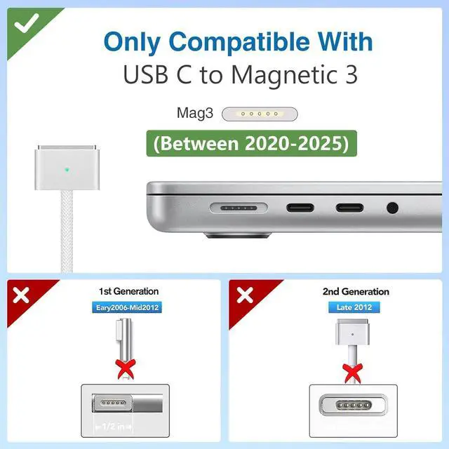 Alt view image 12 of 14 - USB-C to Magnetic 3 Cable 6.6ft, 140W PD Fast Charging Cable Compatible for Mac Book Pro 16/14/13 inch & Mac Book Air 15/13 inch (2021-2025 M1 M2 M3 M4), Nylon Braided, with Charging Indicator Light