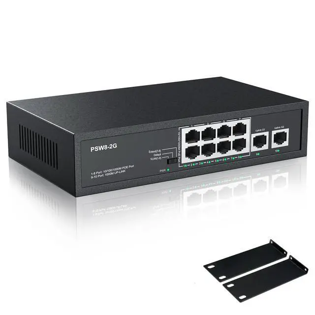 Alt view image 8 of 14 - 8 Port Full Gigabit PoE+ Switch with Rack Mount Ears, with 2 Gigabit Uplink Ports Up to 30W Per Port, Total Budget 120W, 48 Volt 802.3af/at Compliant, Compatible with PoE IP Cameras VOIP Phones