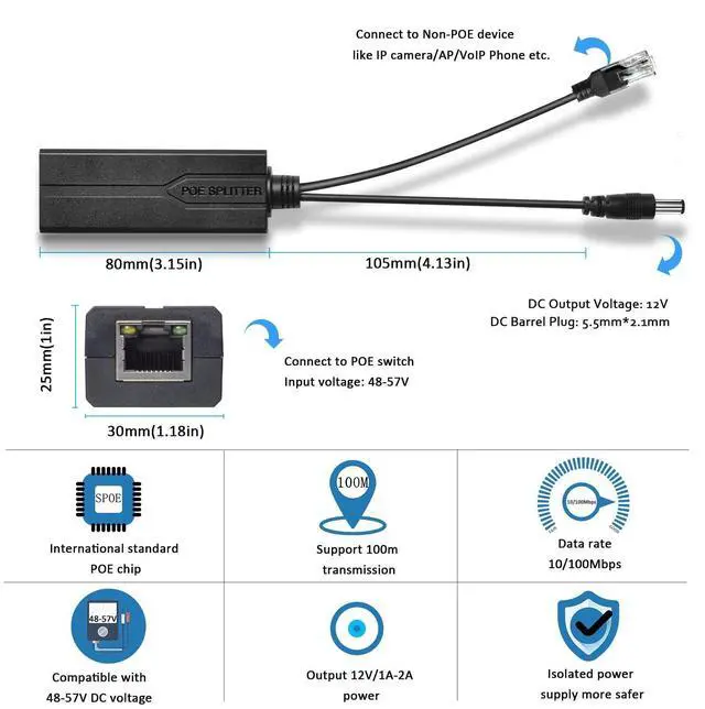 Alt view image 4 of 6 - Active PoE Power Over Ethernet Splitter Adapter 48V to 12V, 5.5x2.1mm DC, IEEE 802.3AF/at Compliant 10/100Mbps PoE Splitter with 12V Output for Surveillance Camera CCTV & VoIP Phone, 2 Pack