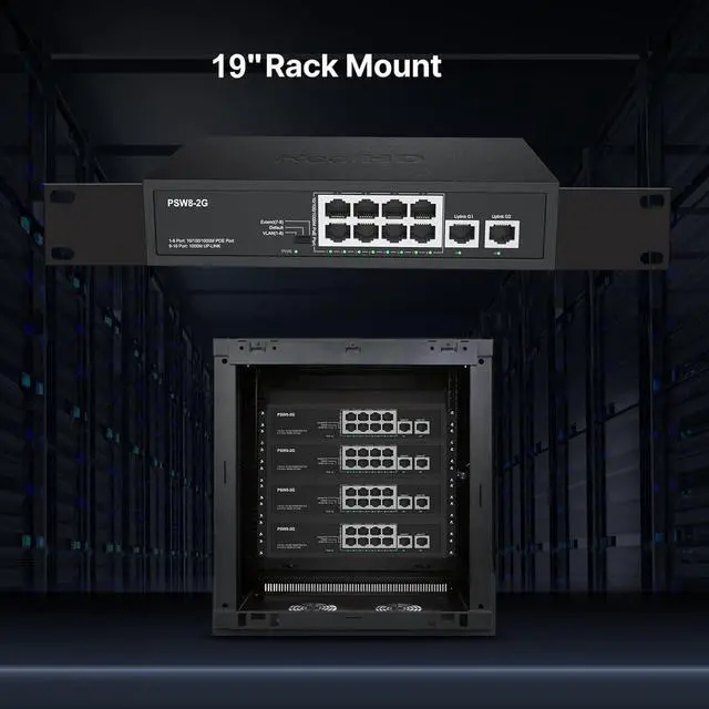 Alt view image 14 of 14 - 8 Port Full Gigabit PoE+ Switch with Rack Mount Ears, with 2 Gigabit Uplink Ports Up to 30W Per Port, Total Budget 120W, 48 Volt 802.3af/at Compliant, Compatible with PoE IP Cameras VOIP Phones
