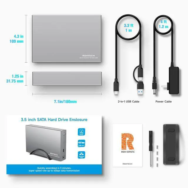 Alt view image 14 of 14 - Hard Drive Enclosure Upgraded Version 3.5" Aluminum USB C to SATA External Hard Drive Dock Case for 3.5 inch HDD & SSD up to 24TB, with 2-in-1 USB Cable, Support UASP