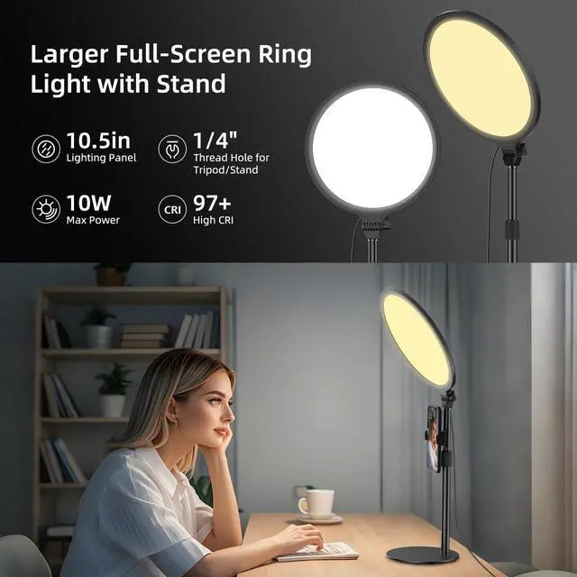 Alt view image 9 of 14 - 10.5in LED Desk Ring Light, Video Conference Lighting for Zoom Meeting/Video Calls, Live Stream, Home Office, Computer Lighting for Webcam, Online Classes, Professional Streaming
