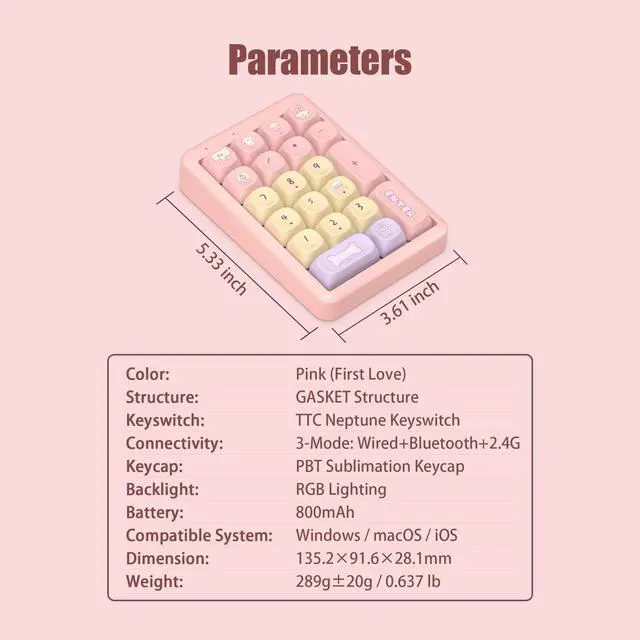 Alt view image 10 of 13 - Wireless Number Pad, BT 5.0 Mechanical Number Keypad for Laptop, 21-Key Hot Swappable RGB Numeric Keypad, USB/2.4G Wireless Number Pad Keyboard, Rechargeable Cute Pink Creamy Keyboard Number Pad