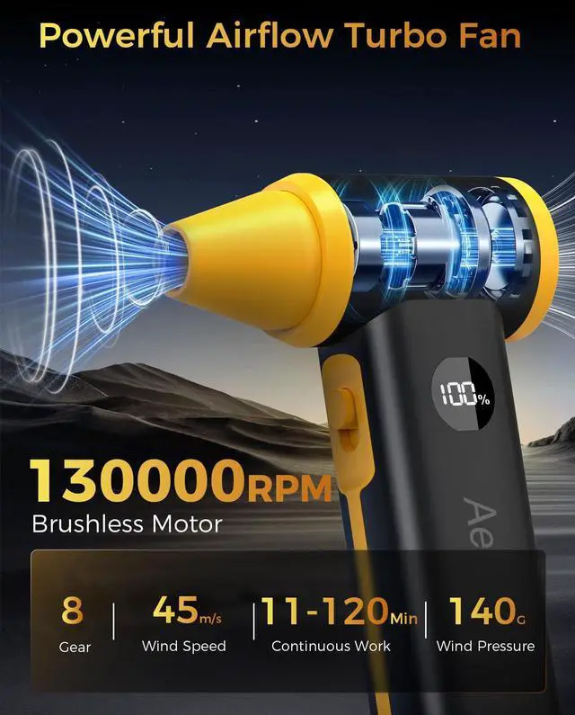 Alt view image 9 of 14 - Compressed Air Duster, 130000RPM Super Power Cordless Electric Air Duster with Fast Charging, 8-Speed Adjustable Rechargeable Brushless Blower for Computer, Keyboard, Car, House and Outdoor Use