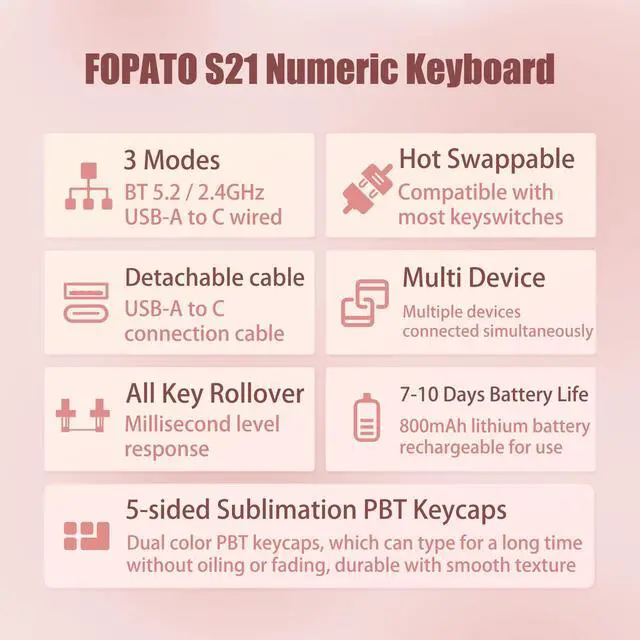 Alt view image 13 of 13 - Wireless Number Pad, BT 5.0 Mechanical Number Keypad for Laptop, 21-Key Hot Swappable RGB Numeric Keypad, USB/2.4G Wireless Number Pad Keyboard, Rechargeable Cute Pink Creamy Keyboard Number Pad
