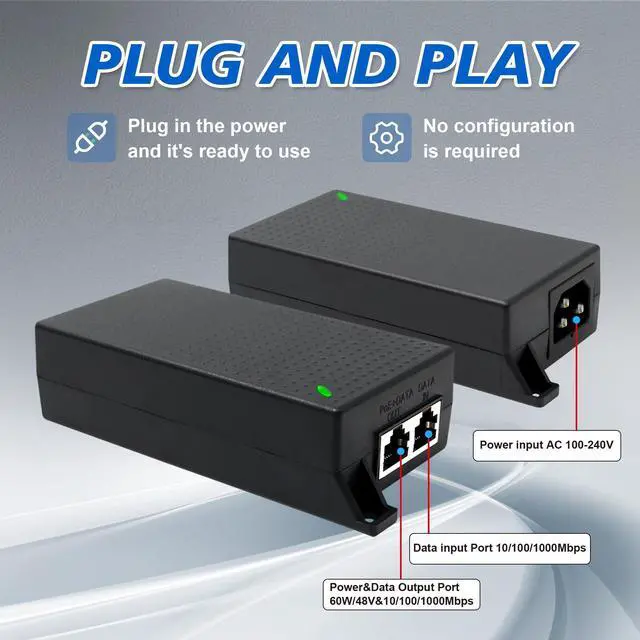 Alt view image 12 of 14 - 60W Gigabit PoE++ Injector - 10/100/1000Mbps, RJ-45 Shielded, IEEE 802.3af/at/bt Compliant, PoE Switch Powerline Network Adapter for High Power Ethernet Devices, Up to (328 FT) 100M