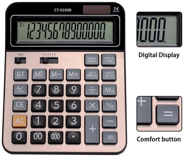Alt view image 6 of 7 - Large Computer Electronic Calculator Counter Solar & Battery Power 14 Digit Display Multi-Functional Big Button for Business Office School Calculating (HY-9200B)