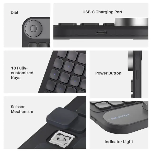 Alt view image 9 of 12 - Keydial Mini Bluetooth Programmable Keypad with Dial 5 Keys Anti-ghosting 18 Customized Keys, Wireless Shortcut Keyboard for Drawing Tablet, PC, MacBook, Surface Pro, Laptops