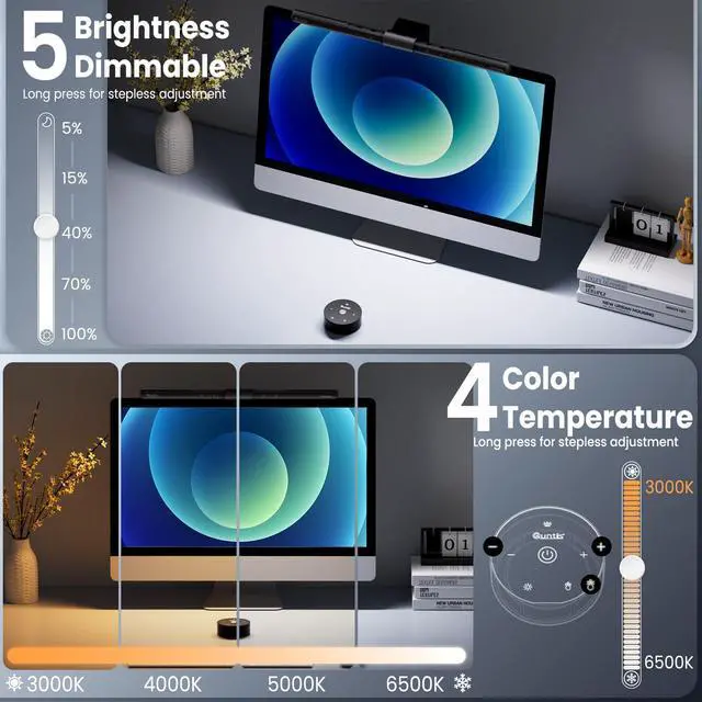 Alt view image 14 of 14 - Computer Monitor Lamp, Screen Monitor Light Bar for Eye Caring, USB Reading LED Task Lamp with Auto-Dimming, Dimmable Light Bar, Touch Control, No Glare Space Saving Home Office Desk Lamps