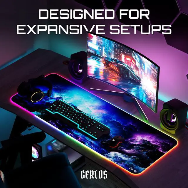 Alt view image 13 of 14 - RGB Gaming Mouse Pad, Large Extended LED Desk Mat with 12 Light Modes, Non-Slip Rubber Base, Water-Resistant, 31.5×11.8 Inch