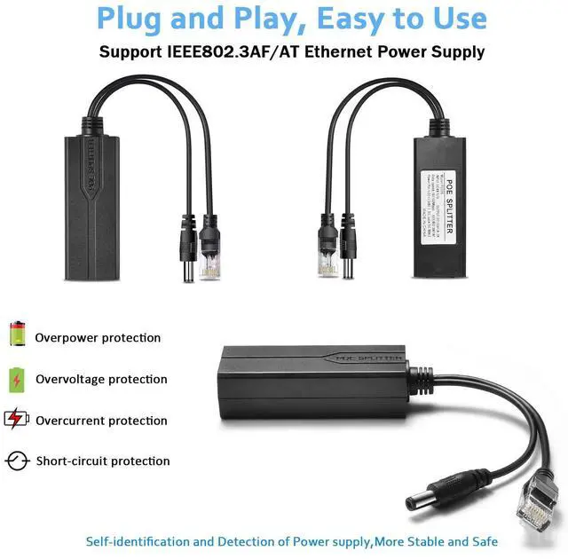 Alt view image 2 of 6 - Active PoE Power Over Ethernet Splitter Adapter 48V to 12V, 5.5x2.1mm DC, IEEE 802.3AF/at Compliant 10/100Mbps PoE Splitter with 12V Output for Surveillance Camera CCTV & VoIP Phone, 2 Pack
