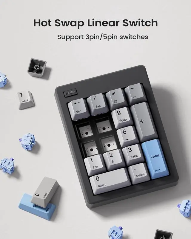 Alt view image 12 of 14 - FD17 Wireless Mechanical Number Pad, Bluetooth 5.0& 2.4G Dual Mode Numeric Keypad, 17 Keys Hot Swappable Numpad with PBT Keycaps for Laptop/PC/TKL Keyboards(Black, Linear Switch)