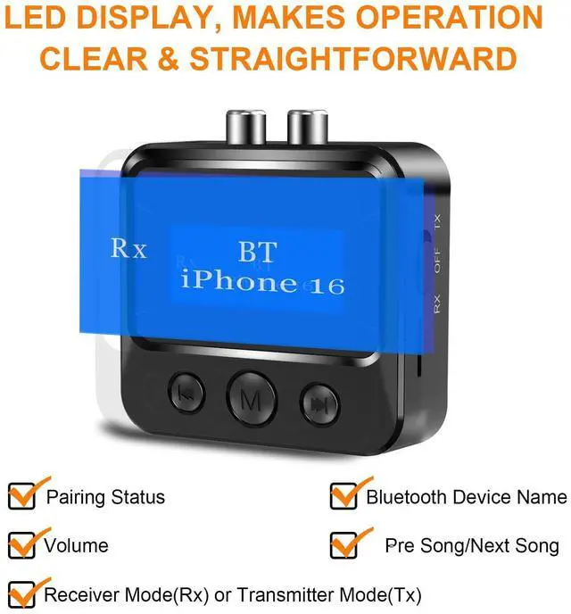 Alt view image 10 of 14 - Bluetooth Transmitter Receiver for TV, Audio Adapter for Home Stereo with RCA 3.5mm AUX & Display, Bluetooth Transmitter for Headphones/Speakers/Airplane/Home Theater/PC/Car, TF Card Output
