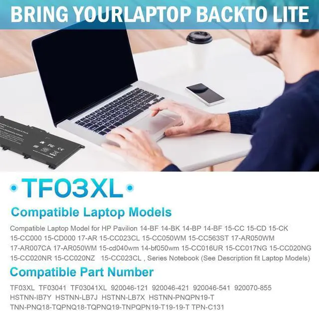 Alt view image 14 of 14 - TF03XL 920070-855 Battery for HP Pavilion x360 14m-cd0001dx 14m-cd0003dx 15-cc0xx 15-cc023cl 15-cc123cl 15-cc050wm 15-cc563st 17-ar050wm 15-cc 15-cd 14-bf 14-bf050wm Series tpn-q190 920046-421