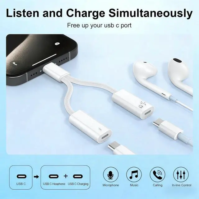Alt view image 8 of 10 - 2Pack USB C Splitter 1 in 2 Out, Dual UsbC Charger and Headphone Adapter, USBC Splitter PD 60W Fast Charging, Type C Audio Adapter USB-C Dongle Cable for Apple iPhone 15 16 17/iPad Pro/Galaxy/Pixel