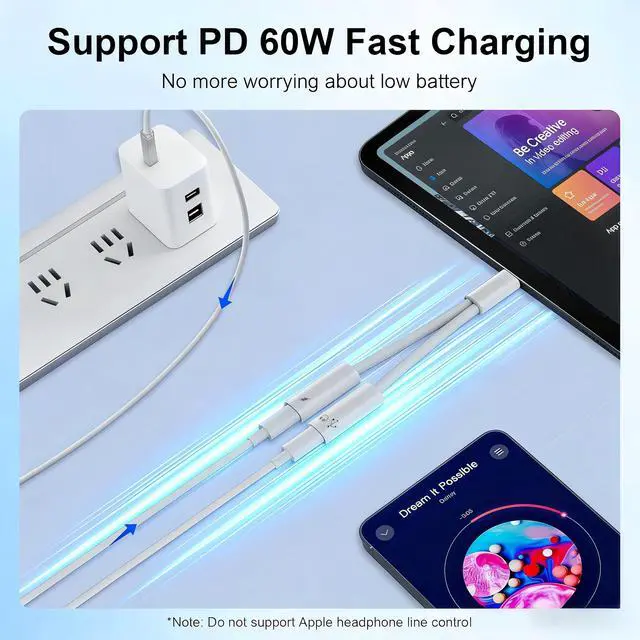 Alt view image 7 of 10 - 2Pack USB C Splitter 1 in 2 Out, Dual UsbC Charger and Headphone Adapter, USBC Splitter PD 60W Fast Charging, Type C Audio Adapter USB-C Dongle Cable for Apple iPhone 15 16 17/iPad Pro/Galaxy/Pixel