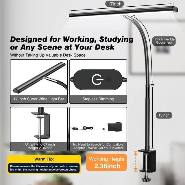 Alt view image 9 of 12 - LED Desk Lamp for Office Home, Eye-Caring Desk Light with Stepless Dimming Adjustable Flexible Gooseneck, 10W USB Adapter Desk Lamp with Clamp for Reading, Study, Workbench (Black)